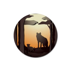 Vectors Painting Wolves Nature Forest Rubber Round Coaster (4 Pack) by Amaryn4rt