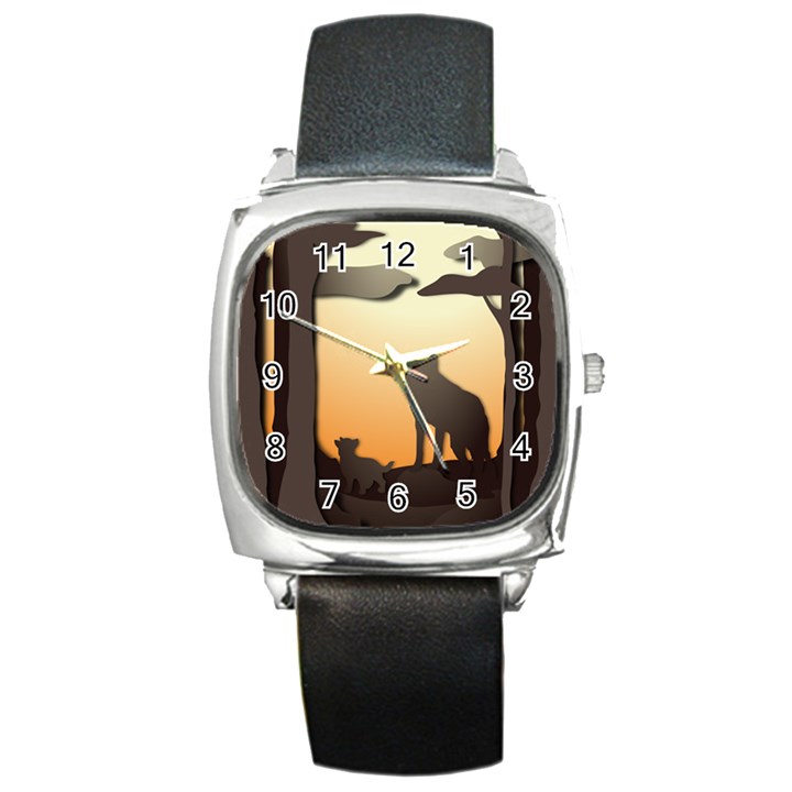 Vectors Painting Wolves Nature Forest Square Metal Watch