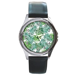 Leaves Background Wallpaper Pattern Round Metal Watch by Amaryn4rt