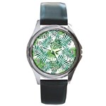 Leaves Background Wallpaper Pattern Round Metal Watch Front