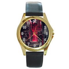 Stranger Things Fantasy Dark  Red Round Gold Metal Watch by Amaryn4rt