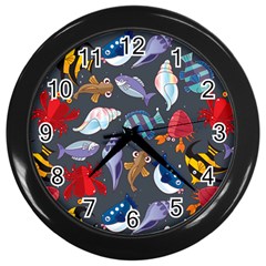 Sea Animals Pattern Wallpaper Fish Wall Clock (black) by Amaryn4rt