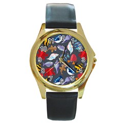 Sea Animals Pattern Wallpaper Fish Round Gold Metal Watch by Amaryn4rt