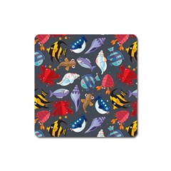 Sea Animals Pattern Wallpaper Fish Square Magnet by Amaryn4rt