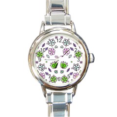 Floral Art Design Pattern Drawing Round Italian Charm Watch