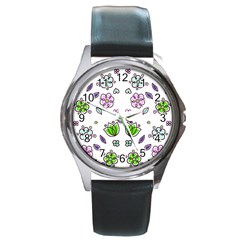 Floral Art Design Pattern Drawing Round Metal Watch