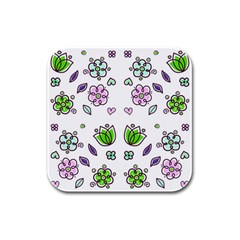 Floral Art Design Pattern Drawing Rubber Square Coaster (4 pack)