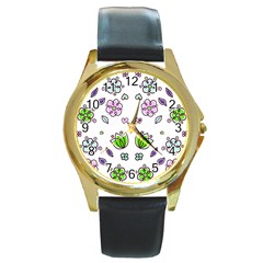 Floral Art Design Pattern Drawing Round Gold Metal Watch