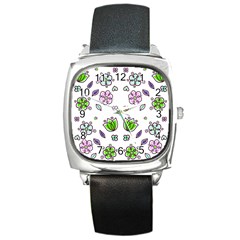 Floral Art Design Pattern Drawing Square Metal Watch