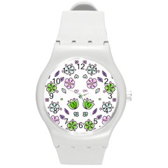 Floral Art Design Pattern Drawing Round Plastic Sport Watch (M)