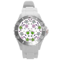 Floral Art Design Pattern Drawing Round Plastic Sport Watch (L)