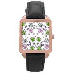 Floral Art Design Pattern Drawing Rose Gold Leather Watch 