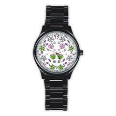 Floral Art Design Pattern Drawing Stainless Steel Round Watch