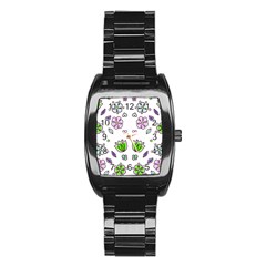 Floral Art Design Pattern Drawing Stainless Steel Barrel Watch