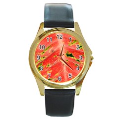 Aglonema Leaf Plant Pattern Flora Round Gold Metal Watch by Amaryn4rt