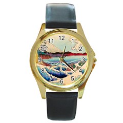 Wave Japanese Mount Fuji Round Gold Metal Watch by Wegoenart