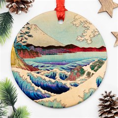 Wave Japanese Mount Fuji Round Ornament (two Sides) by Wegoenart