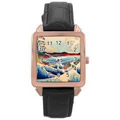 Wave Japanese Mount Fuji Rose Gold Leather Watch 