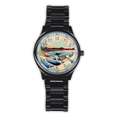 Wave Japanese Mount Fuji Stainless Steel Round Watch