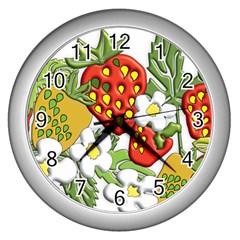 Strawberries Berry Strawberry Leaves Wall Clock (silver) by Wegoenart