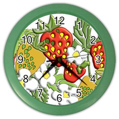 Strawberries Berry Strawberry Leaves Color Wall Clock by Wegoenart