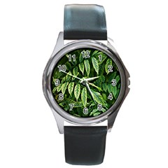 Leaves Foliage Twig Bush Plant Round Metal Watch by artworkshop