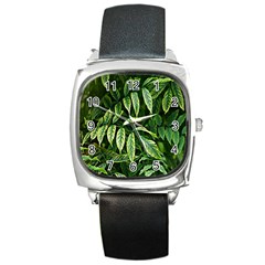 Leaves Foliage Twig Bush Plant Square Metal Watch by artworkshop