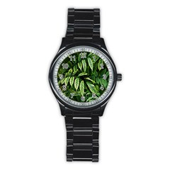 Leaves Foliage Twig Bush Plant Stainless Steel Round Watch by artworkshop