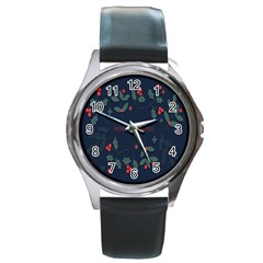 Merry Christmas Holiday Pattern  Round Metal Watch by artworkshop