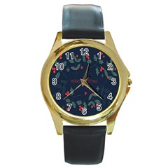 Merry Christmas Holiday Pattern  Round Gold Metal Watch by artworkshop