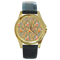 Pattern Seamless Gingerbread Christmas Decorative Round Gold Metal Watch by artworkshop