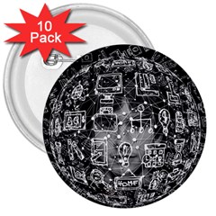 Black White Background Burnout Template Doodle 3  Buttons (10 Pack)  by Wegoenart