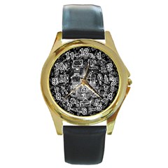 Black White Background Burnout Template Doodle Round Gold Metal Watch by Wegoenart