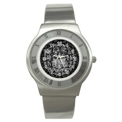 Black White Background Burnout Template Doodle Stainless Steel Watch by Wegoenart