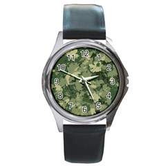 Green Leaves Camouflage Pattern Round Metal Watch by Wegoenart