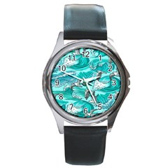 Sea Waves Seamless Pattern Round Metal Watch by Wegoenart