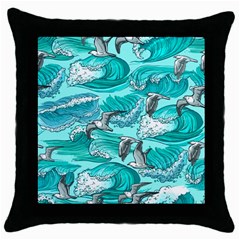 Sea Waves Seamless Pattern Throw Pillow Case (black) by Wegoenart