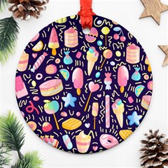 Cute-seamless-pattern-with-colorful-sweets-cakes-lollipops Ornament (round) by Wegoenart