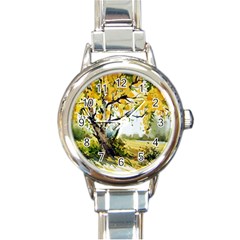 Landscape Painting Meadow Garden Round Italian Charm Watch