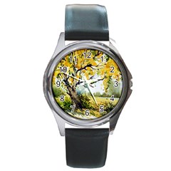 Landscape Painting Meadow Garden Round Metal Watch