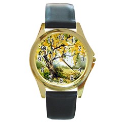 Landscape Painting Meadow Garden Round Gold Metal Watch