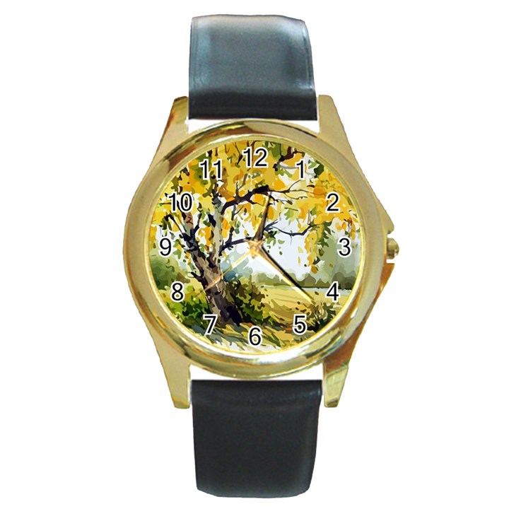 Landscape Painting Meadow Garden Round Gold Metal Watch