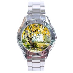 Landscape Painting Meadow Garden Stainless Steel Analogue Watch