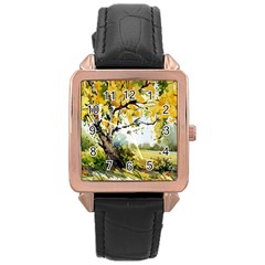 Landscape Painting Meadow Garden Rose Gold Leather Watch 