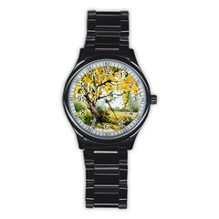 Landscape Painting Meadow Garden Stainless Steel Round Watch