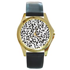 Black And White Leopard Print Jaguar Dots Round Gold Metal Watch by ConteMonfrey