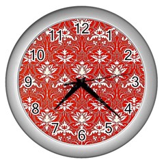 Red  Lace Decorative Ornament - Pattern 14th And 15th Century - Italy Vintage Yellow Lace Decorative Ornament - Pattern 14th And 15th Century - Italy Vintage  Wall Clock (Silver)