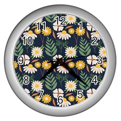 Flower Grey Pattern Floral Wall Clock (silver) by Dutashop