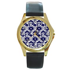 Blue Lace Decorative - Pattern 14th And 15th Century - Italy Vintage Round Gold Metal Watch by ConteMonfrey