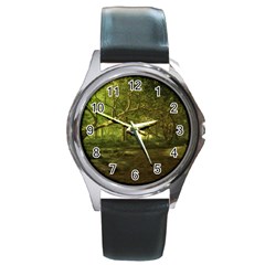 Nature Greenforest Trees Tree Landscape Round Metal Watch by Wegoenart